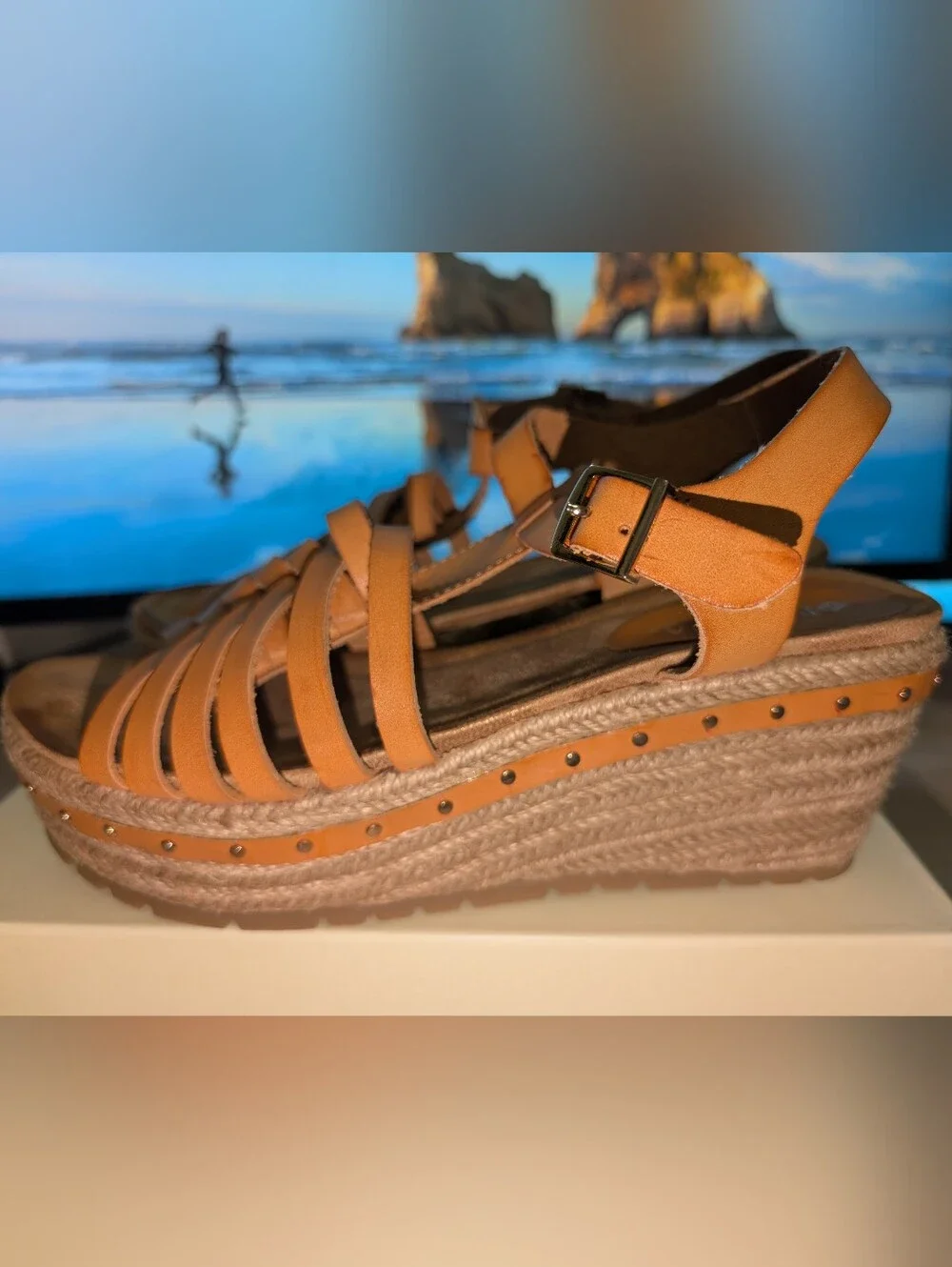 Patrizia Cognac Faux Leather Studded Espadrille Wedges.